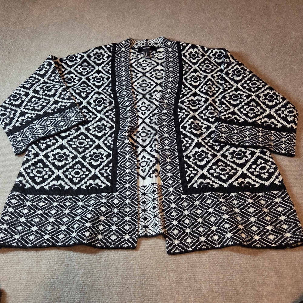 Forever 21 Women Black White Geometric Jacquard Open Front Cardigan Sweater L
